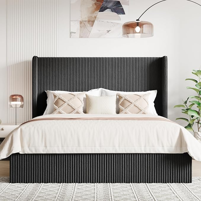 Allewie Queen Size Lift-Up Storage Bed Frame with Modern Wingback Headboard, Corduroy Upholstered Platform Bed, Hydraulic Gas Lift Support, Underbed Storage, Wooden Slats, No Box Spring Needed, Black