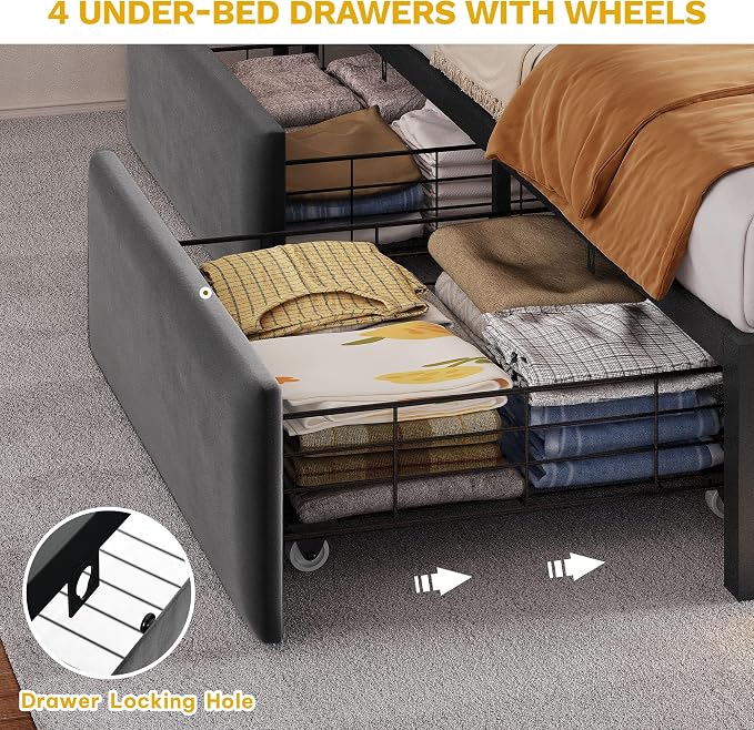 DWVO King Size Bed Frame with RGB LED Lights & Storage Bookcase Headboard, Upholstered Bed with Charging Station and 4 Drawers, No Box Spring Needed, Easy Assembly, Noise-Free, Velvet Dark Grey