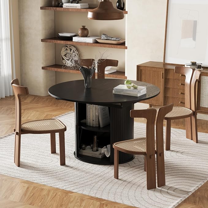 47''-63'' Extendable Round Dining Table for 4-6, Round Dining Room Table with Hidden Storage, Modern Wooden Kitchen Table with Fluted Sliding Door Cabinet for Dining Room Kitchen, Black