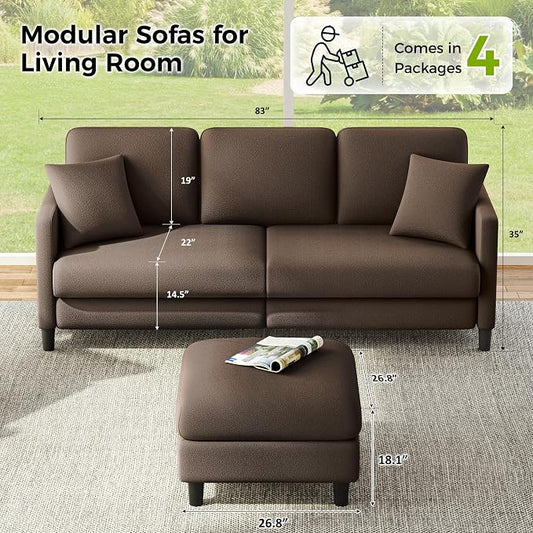 Welzona 83" Couches for Living Room, Teddy Sofa Couch with Storage Ottomans, U Shaped Couch with Movable Ottomans, Tool-Free Modular Sectional Sofa, All-Wood Sofas for Living Room 2 Pillows, Khaki