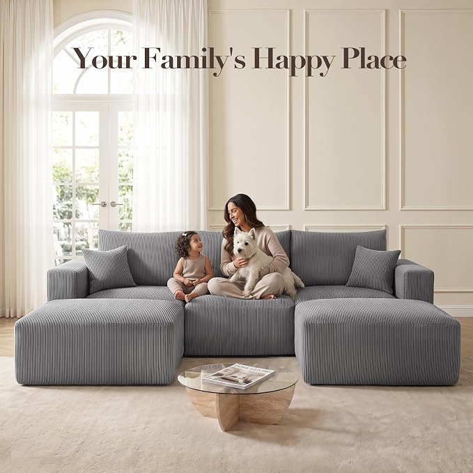 Living&Giving Sectional Couches for Living Room, 115" U Shaped Cloud Boneless Couch, Modular Sectional Sofa with Movable Ottoman, Modern Corduroy Sleeper Sofa for Bedroom, No Assembly Required, Gray