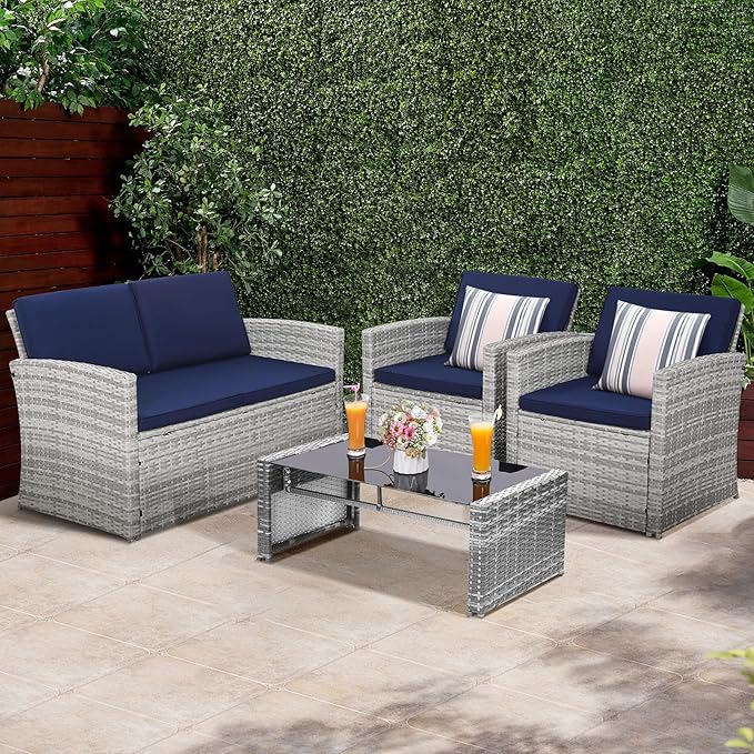 KROFEM 4-Piece Patio Furniture Set, Wicker Outdoor Rattan Sectional Sofa with Cushions and Glass Table, All-Weather Outdoor Conversation Set for Garden, Porch, Backyard, Patio, Blue
