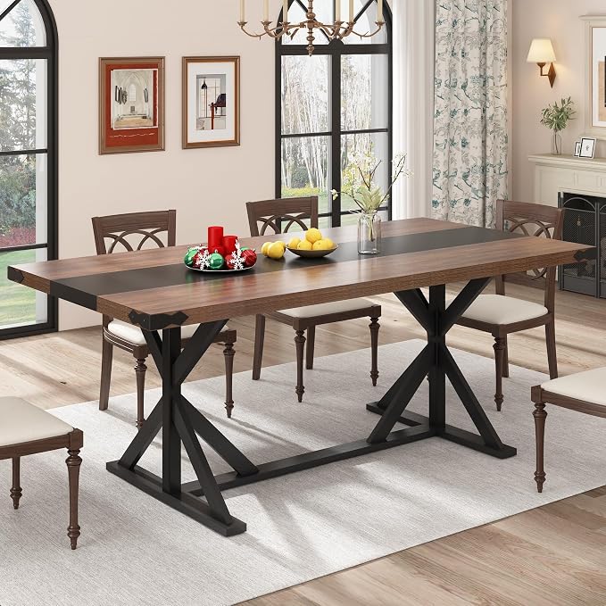 Hlivelood 71 Inch Dining Table for 6 People, Rectangular Kitchen Farmhouse Table W/Thickness Waterproof Wood Tabletop,Long Dining Room Tables W/Wood Strip Base for Kitchen Living Room(Brown&Black)