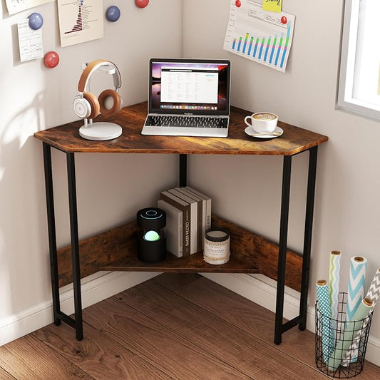 Tangkula Corner Desk with Power Outlet & USB Ports, Triangle Computer Desk with Charging Station, Storage Shelf, Space Saving Writing Desk, Vanity Table, Corner Desk for Small Space (Rustic Brown)
