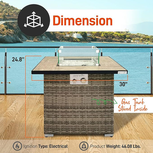 SereneLife Propane Fire Pit Table, 50000 BTU CSA/ETL Certified Safe Gas Table with Sturdy Wicker Base, Stainless Steel Burner, Glass Wind Guard & Cover, Outdoor Fireplaces for Parties