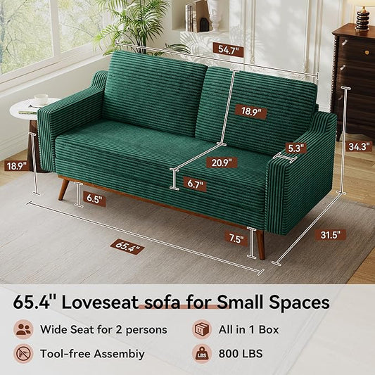 Vipbear 65.4" Loveseat Sofa,Mid-Century Modern Small Couches for Living Room, Bedroom, Office,Comfy Forest Green Corduroy Couch with Spring Cushion, Solid Wood Frame, Tool-Free Assembly
