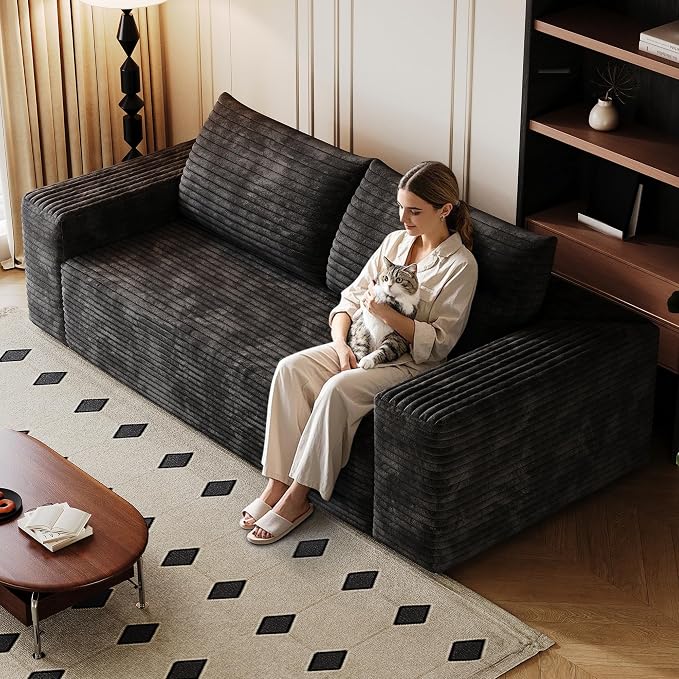 JINGLING 63" Small Couches for Small Spaces | Boneless Couch in a Box: Compressed Sofa | Apartment Furniture Love Seat for Living Room & Bedroom | No Assembly | Corduroy | Black