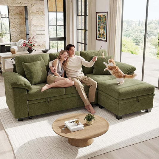 Ihanherry 86" Modular Sectional Sofa with Pull Out Bed, 4-Seater L Shaped Sectional Sleeper Couch with Storage Ottoman, Chenille Convertible Couches for Living Room, Apartment (Green)