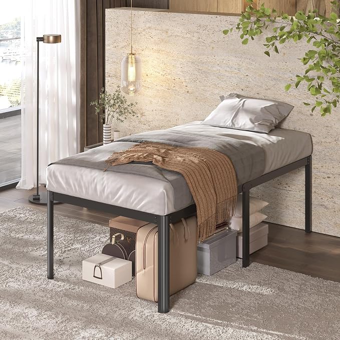 Lutown-Teen 22 Inch High Twin Bed Frames with Rounded Corner Legs, Heavy Duty Metal Twin Platform Bed Frame with Steel Slats Support, No Box Spring Needed, Noise Free, Easy Assembly