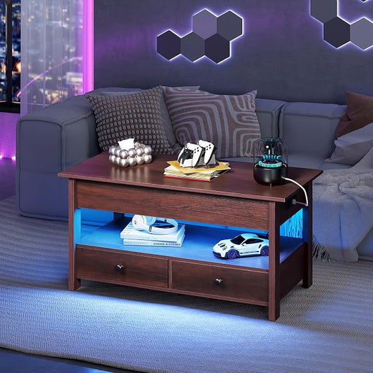 WLIVE Coffee Table, Lift Top Coffee Table with Drawers, LED Light, Large Storage and Open Shelf, Lift Tabletop for Living Room, Espresso