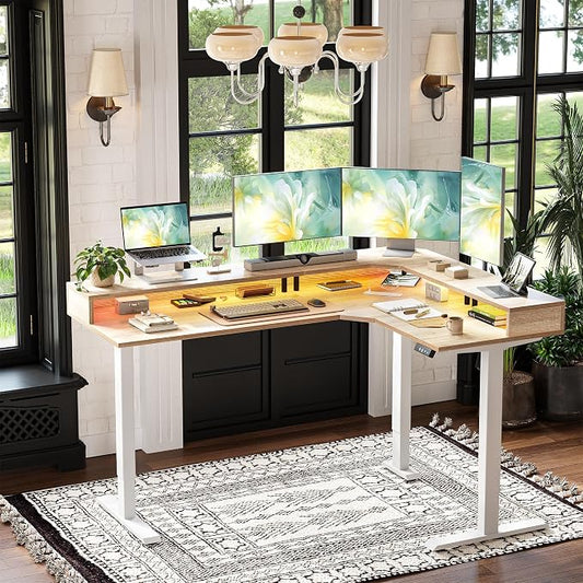 TIQLAB 63'' L-Shaped Standing Desk with LED Light Strip and Power Outlet, Height Adjustable Corner Table with Ergonomic Monitor Stand, Maple