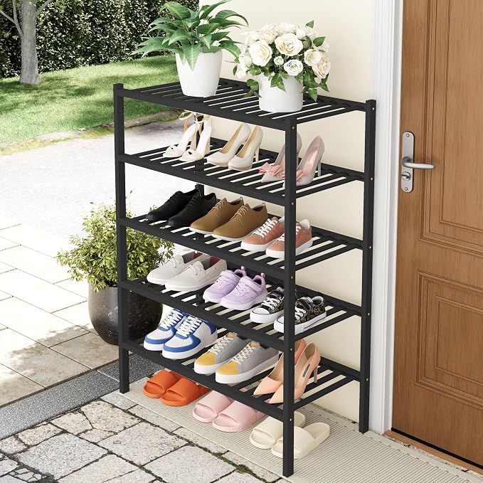 Smiry Bamboo Shoe Rack, 5 Tier Free Standing Wooden Shoe Organizer, Stackable Wood Shoe Storage Shelf for Closet, Entryway, 14 Vertical Slats, 2+2+1 Stack Heavy-Duty Legs, 26.8"x11"x32.5", Black