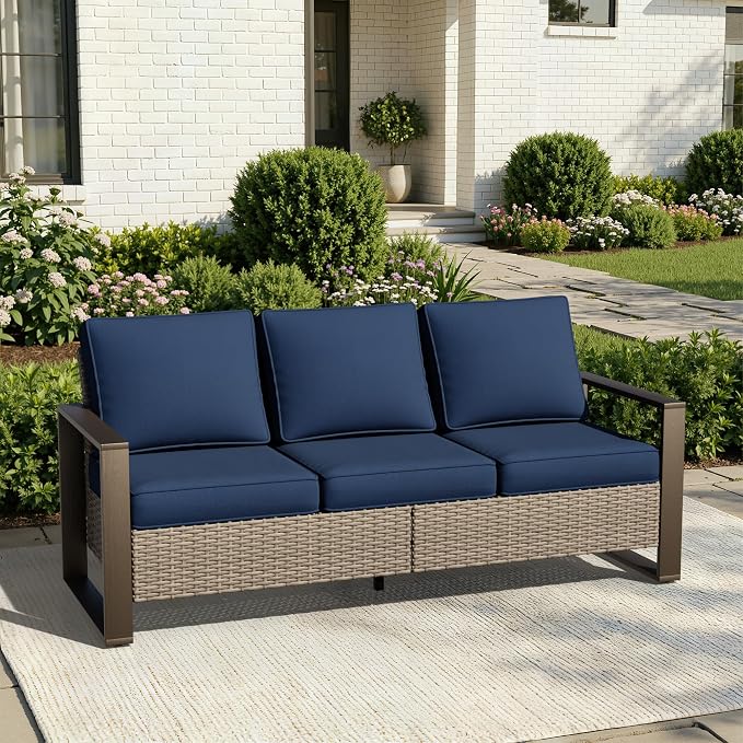 Joyside Outdoor Patio Wicker Sofa, 3-Seater Rattan Sofa with Thick Olefin Cushions and Metal Steel Rectangular Framed Armrest -Looking Metal Armrest Suitable for Garden, Backyard, Porch, Deck, Blue