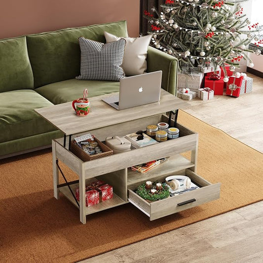 WLIVE Coffee Table, 39" Lift Top Coffee Table with Hidden Compartment, Storage Drawers and Storage Shelf for Living Room, Reception Room, Grey
