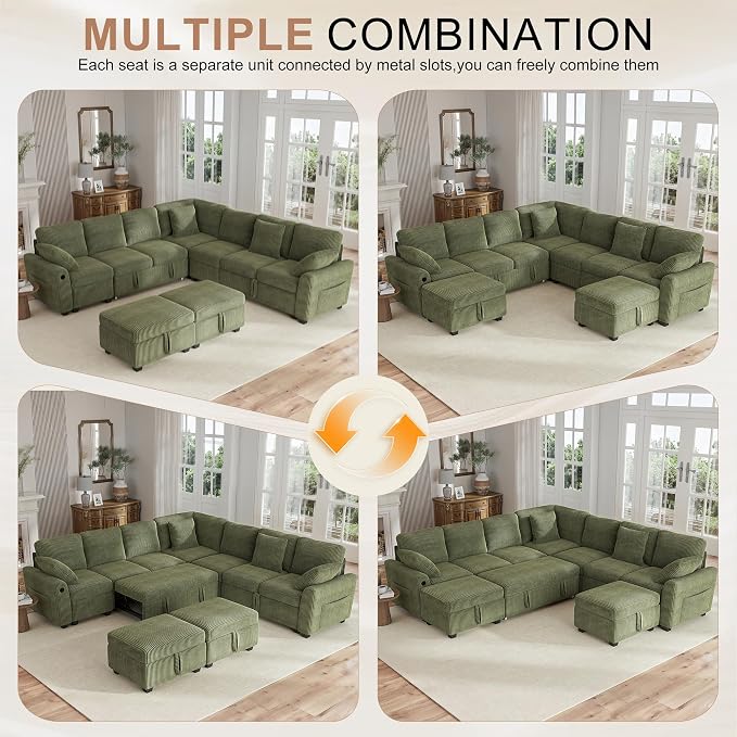 Hanherry 106" Sectional Sofa with Pull Out Couch Bed,7 Seat Corduroy Sleeper Sofa with 2 Seat Storage & USB Charging,Storage Ottoman,Comfy Modular Couches for Living Room,Apartment