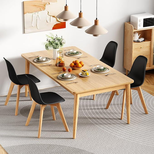 VECELO Dining Chairs Set of 4, Mid-Century Modern Kitchen & Dining Room Chairs, Molded Plastic Seat & Back, Solid Wood Legs, Armless, Non-Slip Feet, Black