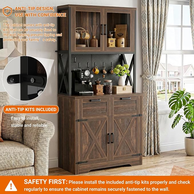 Unikito 71" Pantry Cabinet with LED Light & Outlet, Tall Kitchen Pantry Storage Cabinet with Microwave Stand, DIY Pegboard, Drawers and Adjustable shelf, Kitchen Hutch for Dining Room, Weathered Brown
