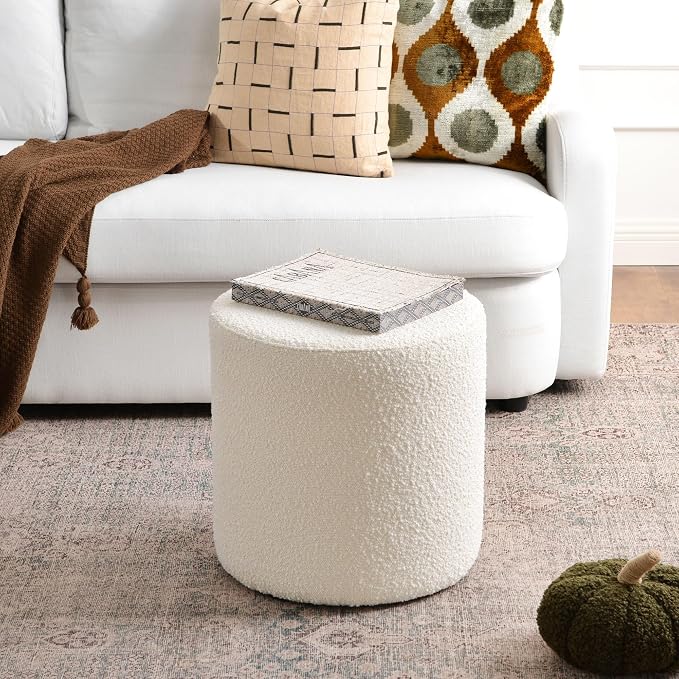 KINWELL 34" Boucle Swivel Barrel Chair with 18" Round Ottoman Set, Fully Assembled Set of Sherpa Accent Chair and Footrest, Modern Comfy Armchair and Footstool for Living Room and Bedroom, Cream