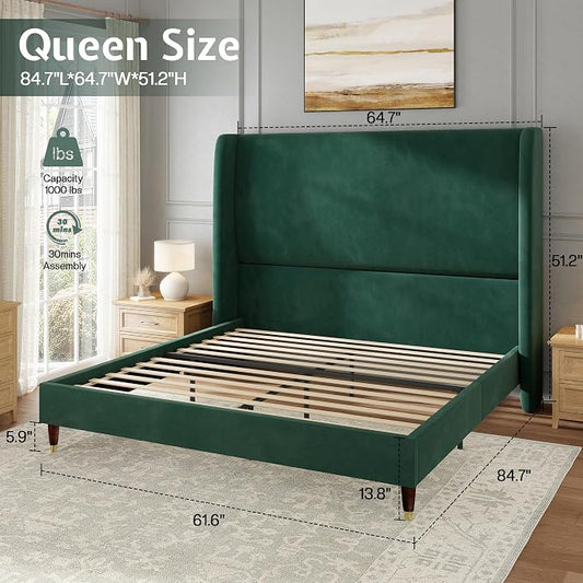 Jocisland Queen Size Bed Frame 51.2" Wingback Headboard Velvet Upholstered Platform Bed,Solid Wood Legs & Wooden Slats,No Box Spring Needed,Noise-Free,for Family Master Suite Bedroom Upgrade,Green