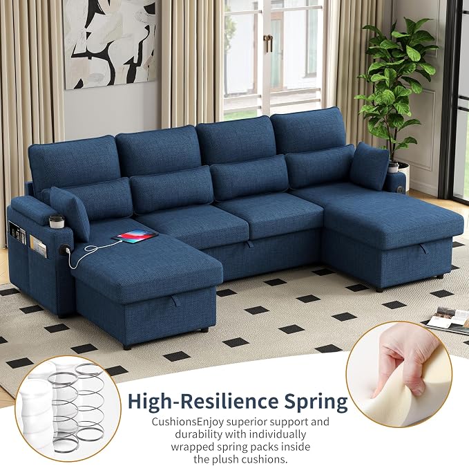81" L-Shaped Sectional Sofa Couch, Pull-Out Sleeper Sofa Bed with Storage Chaise, Double Cup Holders, Dual USB Charging Ports, Couches for Living Room Apartment