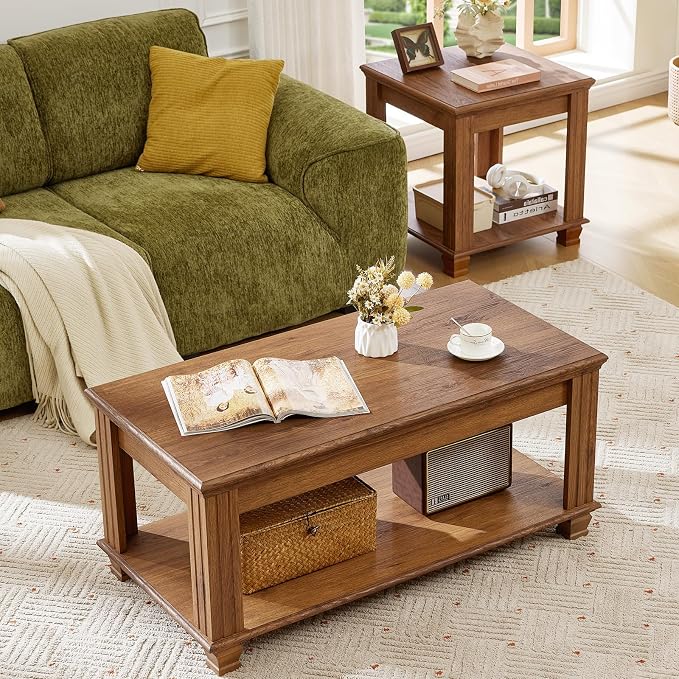 SAVOR LIFE TV Stand and Coffee Table Set, 4 Piece Living Room Table Set with Drawer & Open Shelving & Thick Tabletop & Square Wooden Legs, Brown