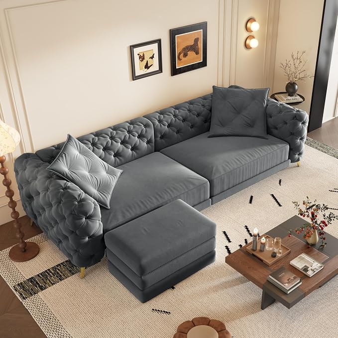 97.7" Convertible Queen Sleeper Sofa with Ottoman - Button Tufted Pull Out Sofa Bed, Velvet King Size Couch Bed & Vintage Deep Seat 4-Seater Couch for Small Spaces, Apartment & Living Room, Dark Grey | Button Tufted