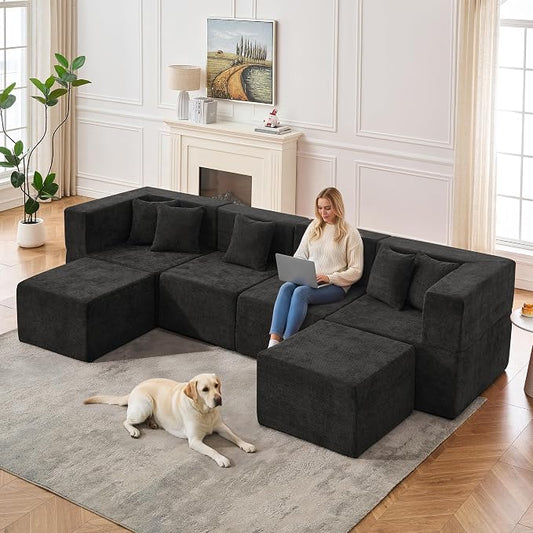 MONVANE 130'' Modular Sectional Cloud Couch for Living Room, 6 Seater Convertible Chenille Couches Set with Ottoman & Pillow, No Assembly Compression Sofas, Comfy Floor Sofa with Memory Foam, Black