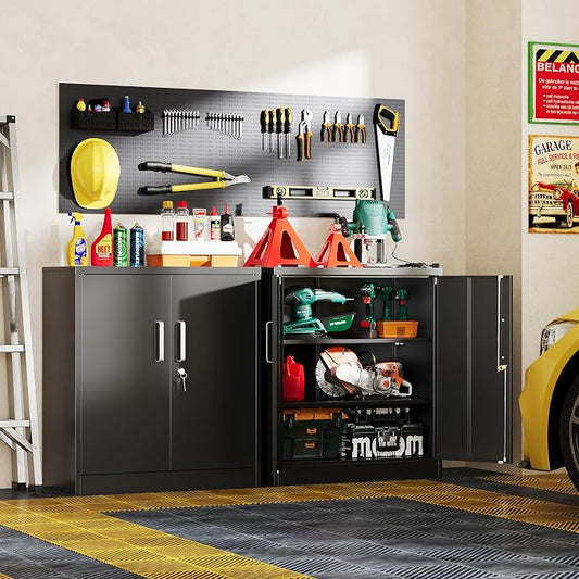 Metal Garage Storage Cabinet with Doors and Adjustable Shelves, 35.4" Locker Organizer Steel Garage Cabinets, Lockable File Cabinet for Home, Office, Warehouse, Tools