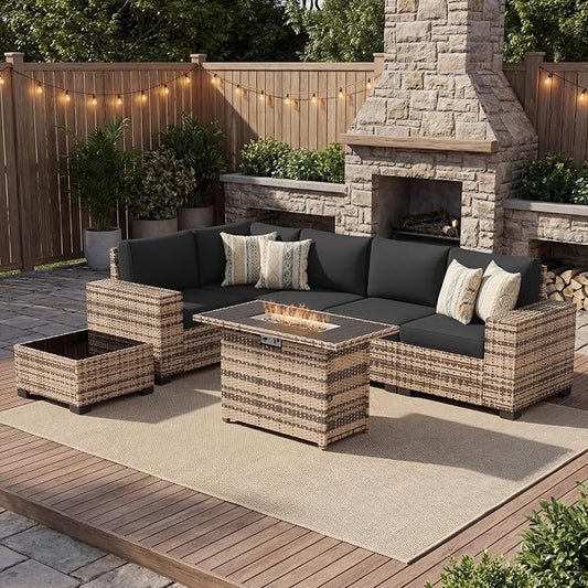 UDPATIO Patio Furniture Set with Fire Pit Table, 8 Inch Armrest Outdoor Sectional Sofas, 8 Piece All-Weather Wicker Conversation for Garden, Backyard