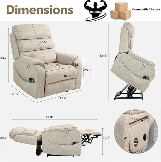 JIKFRIMA Power Lift Recliners Chairs for Elderly Adults Lay Flat Recliner with Heat & Massage, Wireless Charging Device, USB Ports, Cup Holder, Lumbar Pillow, 400Lbs(Grainy Fibric,Oatmeal)