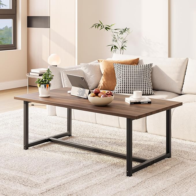 35.4" Rectangular Coffee Table for Living Room, Modern Industrial Style Coffee Table Center Table with Metal Frame for Small Space, Apartment, Office, Easy Assembly, Walnut