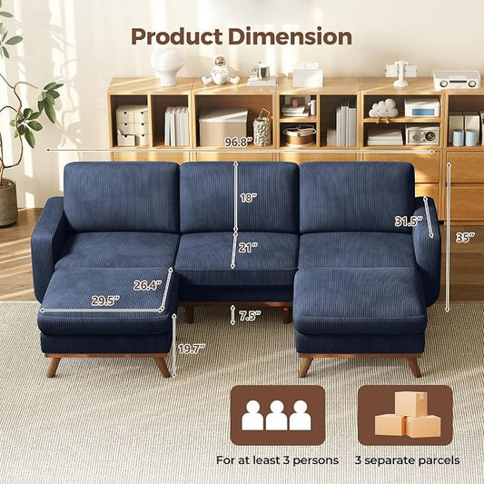 Vesgantti 97" Modular Sectional Sofa Dark Blue, U-Shaped Couch with Movable Ottoman, Comfy Corduroy Couch with Spring Cushion, Modular Sofa with Deep Seat for Living Room, Bedroom and Apartment