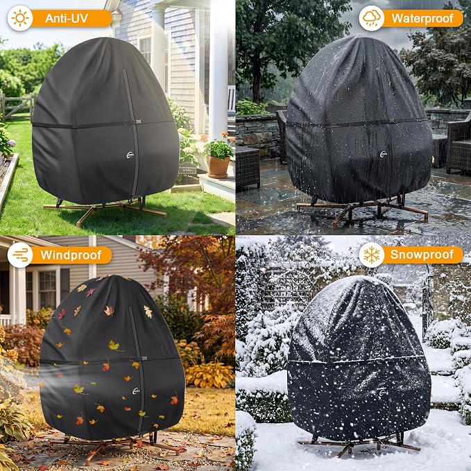Kipiea Patio Egg Chair Covers Waterproof, 500D Upgraded Outdoor Hanging Egg Chair Covers with Waterproof Zipper, Double Seat Swing Egg Chair Cover, Windproof, Anti-UV, No Tears (Up to 80" W x 91" H)
