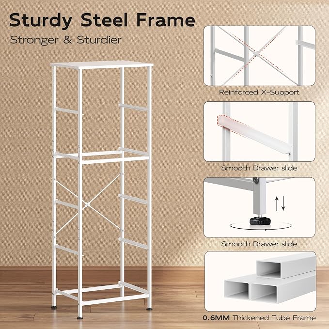 WLIVE Fabric Dresser, 5-Drawer Tall Dressers for Bedroom, Storage Dresser Organizer with Fabric Bins, Wood Top, Sturdy Steel Frame, Chest of Drawers for Closet, Hallway, White