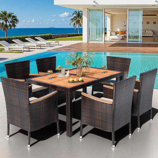 Shintenchi 7 PCS Patio Dining Set, Wicker Patio Conversation Set with Wooden Table Top, Outdoor Table and Chairs with Soft Cushions for Backyard, Deck and Garden, Brown Wicker