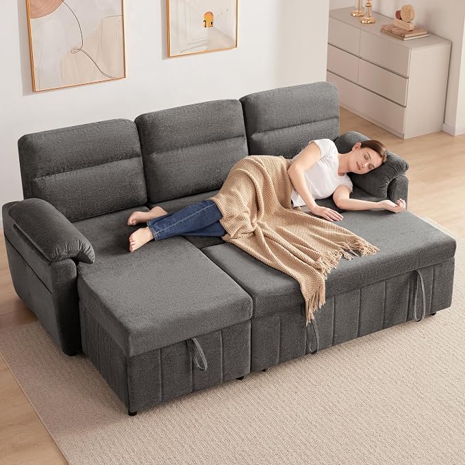 Tbfit 80'' Pull Out Sofa, 3 in 1 Sleeper Sofa Couch with USB & Storage Chaise, Cloud Sofa Bed with Pull Out Bed, Chenille Convertible Sleeper Sofas for Living Room, Small Spaces, Dark Gray