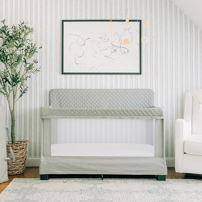 Baby Delight Horizon Full Size Crib, Breathable Mesh Walls, Tool-Free Assembly Baby Bed, Luxe Quilted Easy to Clean Fabric, Grey