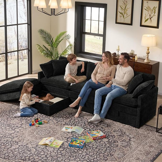 Ihanherry 103" Modular Sectional Sofa with Storage, L Shaped Cloud Couch with Movable Ottomans & 4 Pillows, Chenille Deep Seat Sectional Couches for Living Room, Apartment (Black)