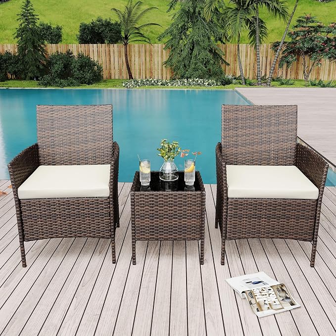 3 Pieces Patio Furniture Sets, Outdoor Wicker Furniture with Soft Cushion and Glass Coffee Table, Modern Rattan Patio Chairs Conversation Sets for Garden, Poolside, Porch, Balconies, Brown and White