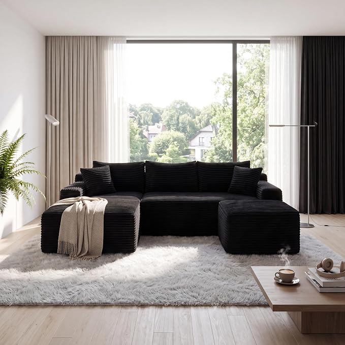 106-Inch Oversized U-Shaped Left Facing Corner Compressed Sofa Modular Boneless Cloud Sectional Sofa Floor Foam Couch W/Chaise & Ottoman, Corduroy Corner Boneless Cloud Couch