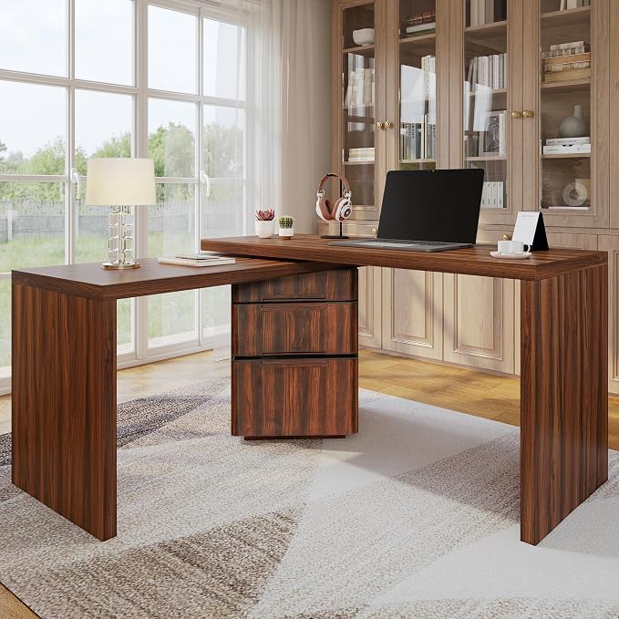 90” Modern L-Shaped Desk with 3 Drawers, 360° Wood Rotating Desk, Workstation for Home Office, Living Room, Walnut