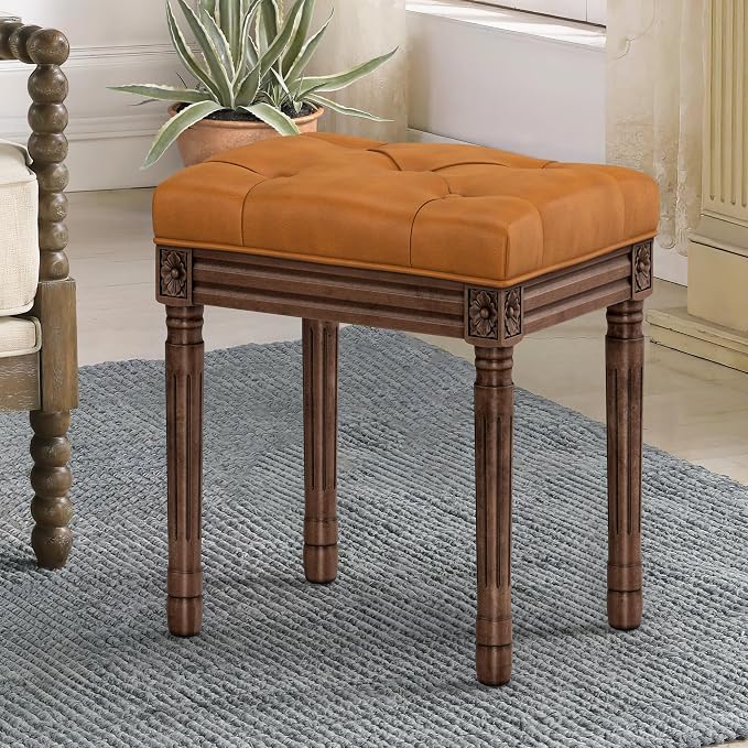 LUE BONA Upholstered Fabric Vanity Bench Seat, Makeup Stools for Vanity, Square Tufted Ottoman Bench with Carved Dark Brown Color Legs for Bedroom Living Room, Whiskey Brown