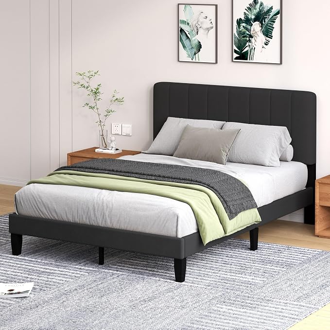 Queen Size Bed Frame with Headboard, Platform Bed with Soft Velvet Upholstered Headboard | Wooden Slats Support | Adjustable Height | No Box Spring Needed, Queen Bed Frame Black