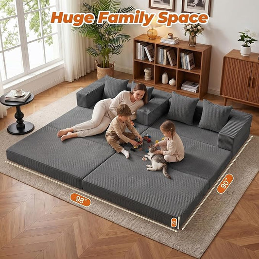 6-in-1 Tri-Folding Mattress | Cloud Boneless L-Shaped Modular Sectional Couches | Corduroy Pet-Friendly Convertible Futon Sofa Bed with 800LB Capacity Apartment, Guest Room, Game Room