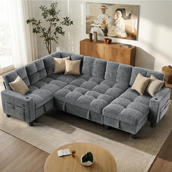 AMADA HOMEFURNISHING 110″ Modular Sectional Sleeper Sofa with Pull Out Couch, U Shaped 7 Seat Sectional Sofa with Storage, USB Ports & Cup Holders, Chenille Cloud Couches for Living Room, Light Gray