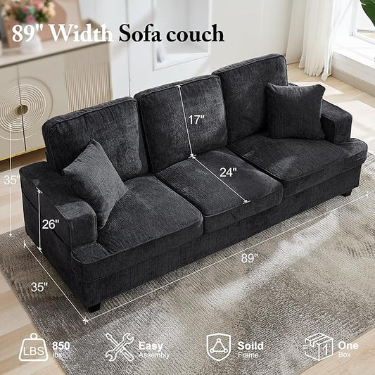 Korser 89" Couches for Living Room with Deep Seats, 3 Seater Sofa Couch, Mid Century Modern Chenille Sofa with Armrests, Upholstered Comfy Sofas for Living Room, Bedroom, Apartment, Office (Grey)