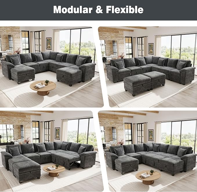 Ihanherry 108" Modular Sectional Sofa with Pull Out Bed, 9-Seater U Shaped Sectional Sleeper Couch with Storage, Chenille Convertible Couches for Living Room, Apartment (Grey)
