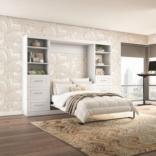 Bestar Pur Full Murphy Bed and 2 Shelving Units with Drawers, 109-inch Space-Saving Sleeping Arrangement in White