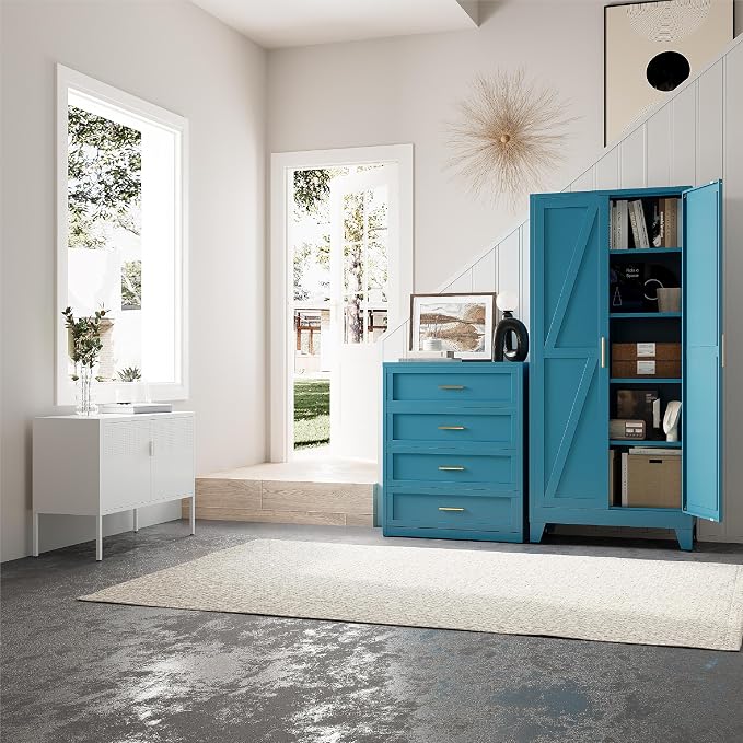 71”H Metal Kitchen Pantry Cabinet, Pantry Cabinets with 2 Doors and 4 Shelves, Kitchen Cabinet for Kitchen, Dining Room, Living Room and Bathroom, Blue