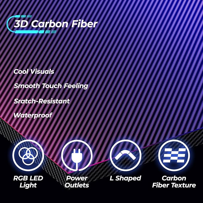 Huuger L Shaped Gaming Desk with Power Outlets & LED Lights, Computer Desk with Monitor Shelves, Carbon Fiber Surface, Home Office Desk, Corner Gaming Desk with Hooks, Carbon Fiber Black